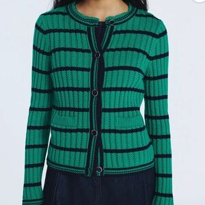 Green and Navy Striped Ribbed Cardigan Sweater